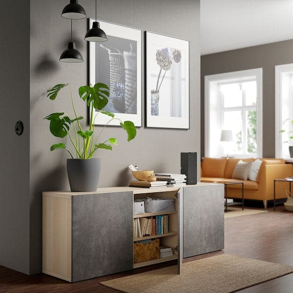 BESTÅ - Storage combination with doors, white stained oak effect Kallviken/dark grey concrete effect, 180x42x65 cm - best price from Maltashopper.com 99325000