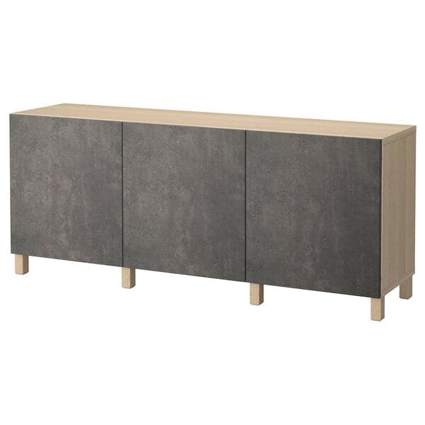 BESTÅ - Storage combination with doors, white stained oak effect Kallviken/Stubbarp/dark grey concrete effect, 180x42x74 cm