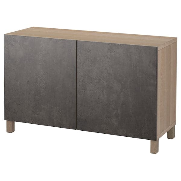 BESTÅ - Storage combination with doors, white stained oak effect Kallviken/Stubbarp/dark grey concrete effect, 120x42x74 cm