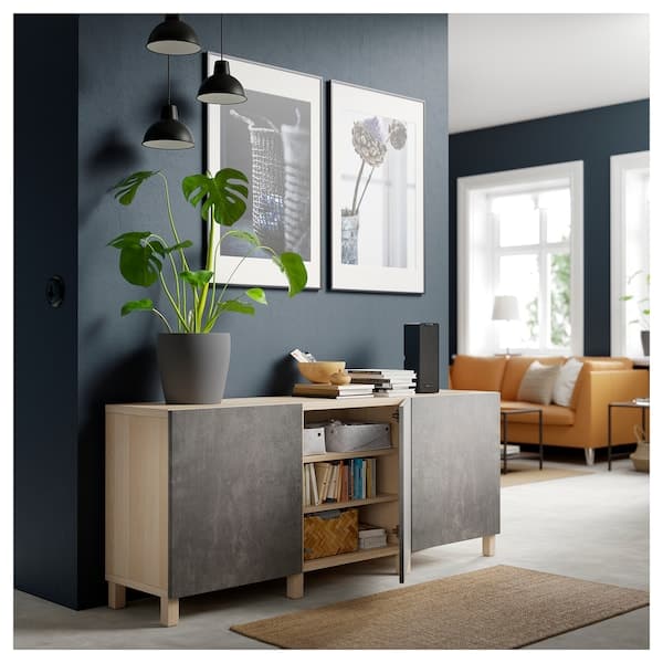 BESTÅ - Storage combination with doors, white stained oak effect Kallviken/Stubbarp/dark grey concrete effect, 180x42x74 cm - best price from Maltashopper.com 69206008
