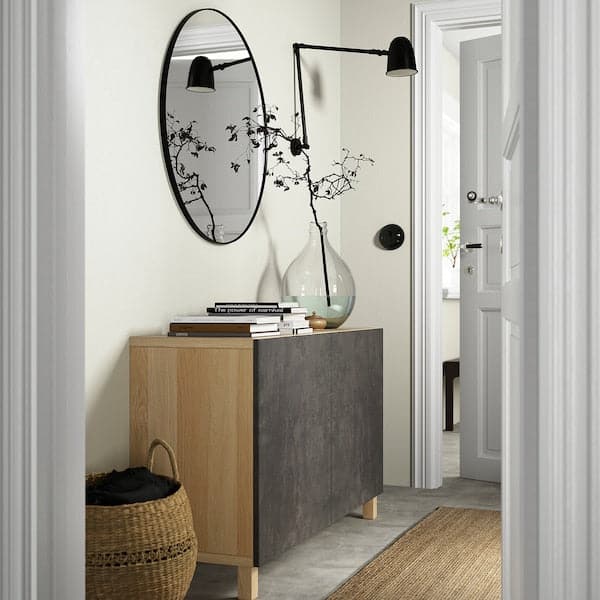 BESTÅ - Storage combination with doors, white stained oak effect Kallviken/Stubbarp/dark grey concrete effect, 120x42x74 cm - best price from Maltashopper.com 99207836