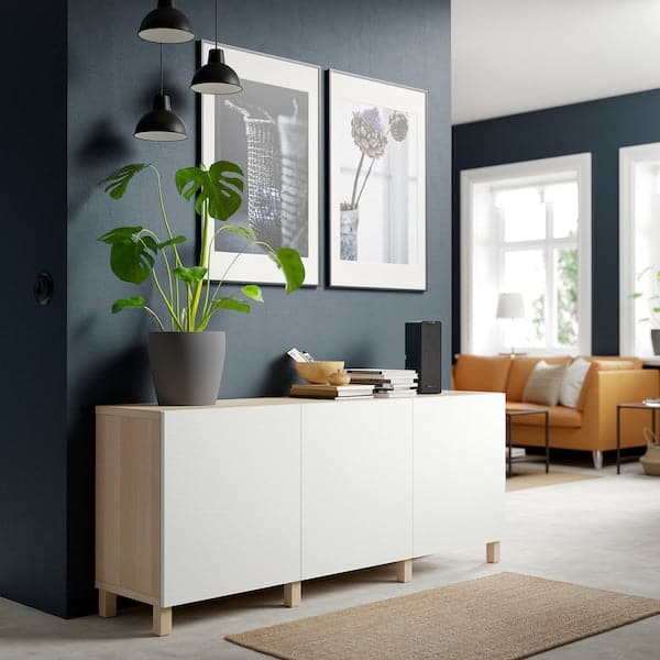 Ikea BESTÅ - Storage combination with doors, white stained oak effect/Laxviken/Stubbarp white, 180x42x74 cm