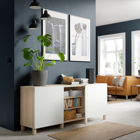 BESTÅ - Storage combination with doors, white stained oak effect/Laxviken/Stubbarp white, 180x42x74 cm - best price from Maltashopper.com 09139903