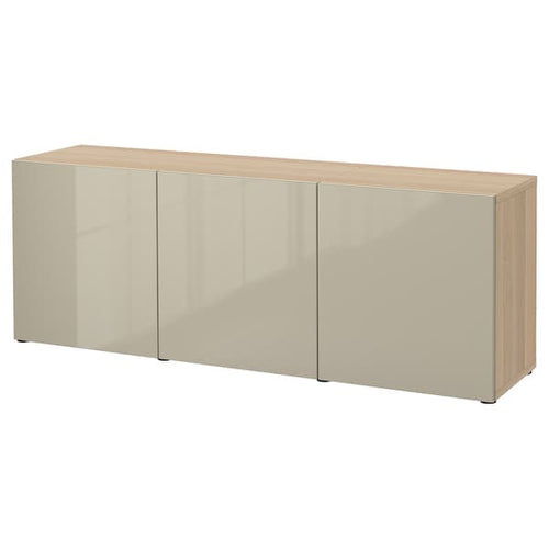 BESTÅ storage combination with doors, white stained oak effect/Selsviken high-gloss/beige, 180x42x65 cm