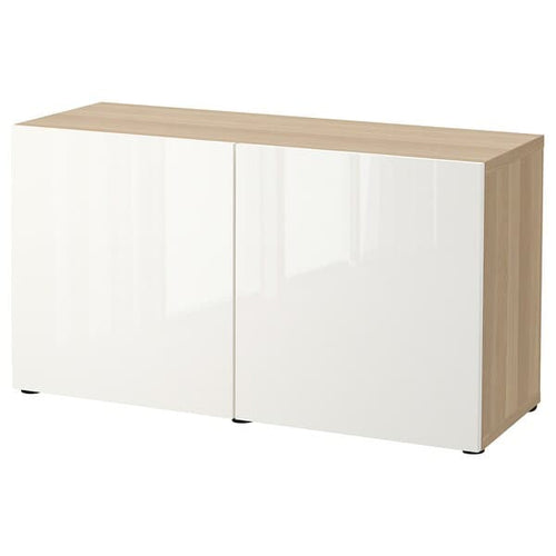 BESTÅ - Storage combination with doors, white stained oak effect/Selsviken high-gloss/white, 120x42x65 cm