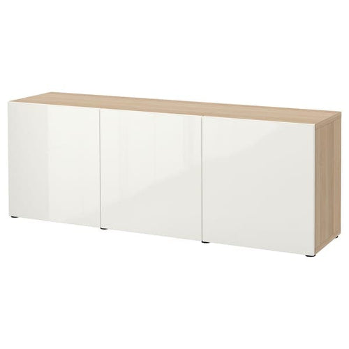 BESTÅ - Storage combination with doors, white stained oak effect/Selsviken high-gloss/white, 180x42x65 cm