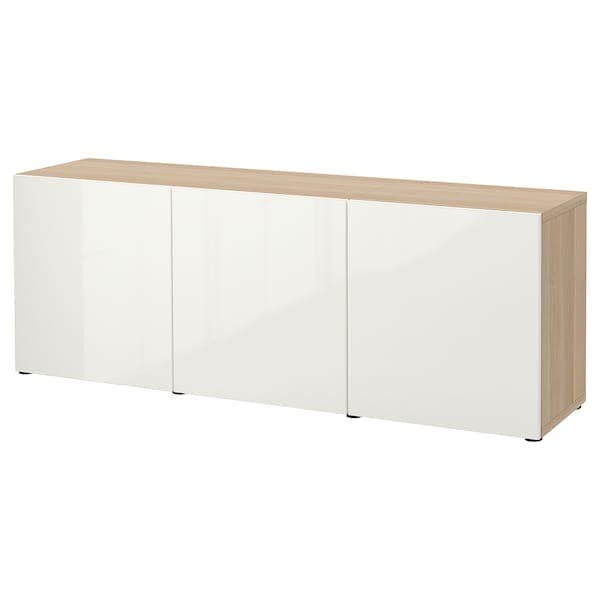 BESTÅ - Storage combination with doors, white stained oak effect/Selsviken high-gloss/white, 180x42x65 cm