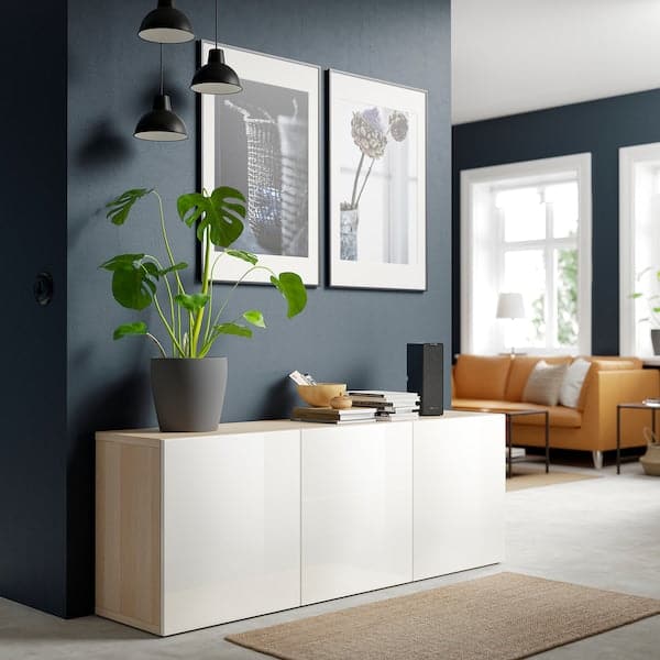 BESTÅ - Storage combination with doors, white stained oak effect/Selsviken high-gloss/white, 180x42x65 cm - best price from Maltashopper.com 89324992
