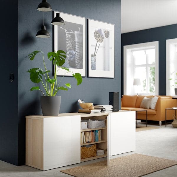 BESTÅ - Storage combination with doors, white stained oak effect/Selsviken high-gloss/white, 180x42x65 cm - best price from Maltashopper.com 89324992
