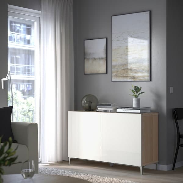 BESTÅ - Storage combination with doors, white stained oak effect/Selsviken high-gloss/white, 120x42x74 cm - best price from Maltashopper.com 99209840