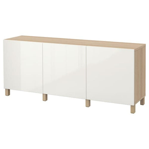 BESTÅ - Storage combination with doors, white stained oak effect/Selsviken/Stubbarp high-gloss/white, 180x42x74 cm