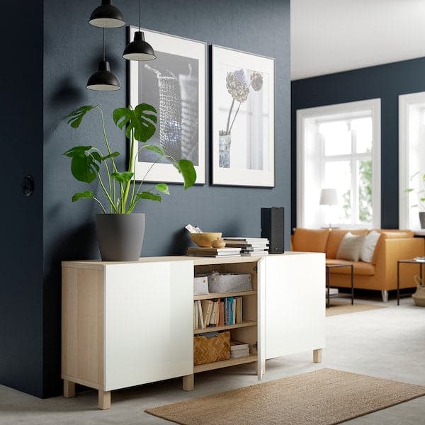 Ikea BESTÅ - Storage combination with doors, white stained oak effect/Selsviken/Stubbarp high-gloss/white, 180x42x74 cm