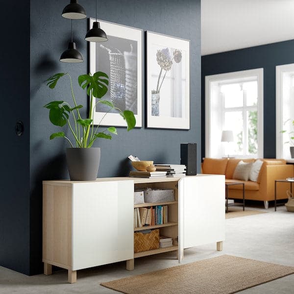 BESTÅ - Storage combination with doors, white stained oak effect/Selsviken/Stubbarp high-gloss/white, 180x42x74 cm - best price from Maltashopper.com 79139834