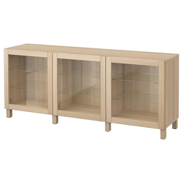 BESTÅ - Storage combination with doors, white stained oak effect/Sindvik/Stubbarp white stained oak eff clear glass, 180x42x74 cm - best price from Maltashopper.com 79139928