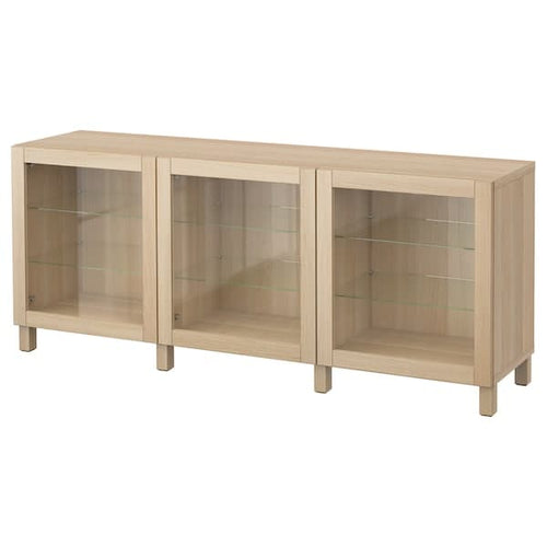 BESTÅ - Storage combination with doors, white stained oak effect/Sindvik/Stubbarp white stained oak eff clear glass, 180x42x74 cm