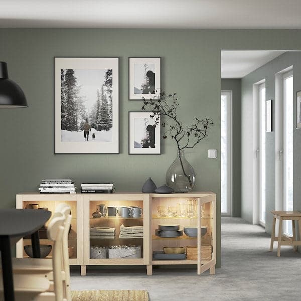 BESTÅ - Storage combination with doors, white stained oak effect/Sindvik/Stubbarp white stained oak eff clear glass, 180x42x74 cm - best price from Maltashopper.com 79139928