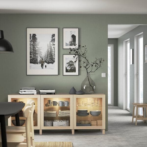 BESTÅ - Storage combination with doors, white stained oak effect/Sindvik/Stubbarp white stained oak eff clear glass, 180x42x74 cm - best price from Maltashopper.com 79139928