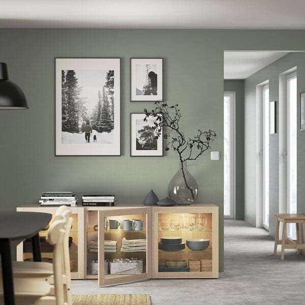 BESTÅ - Storage combination with doors, white stained oak effect/Sindvik white stained oak eff clear glass, 180x42x65 cm - best price from Maltashopper.com 59325040