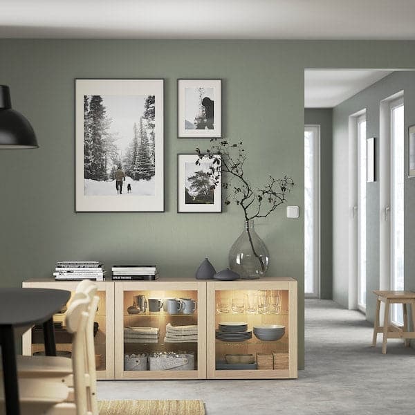 BESTÅ - Storage combination with doors, white stained oak effect/Sindvik white stained oak eff clear glass, 180x42x65 cm - best price from Maltashopper.com 59325040