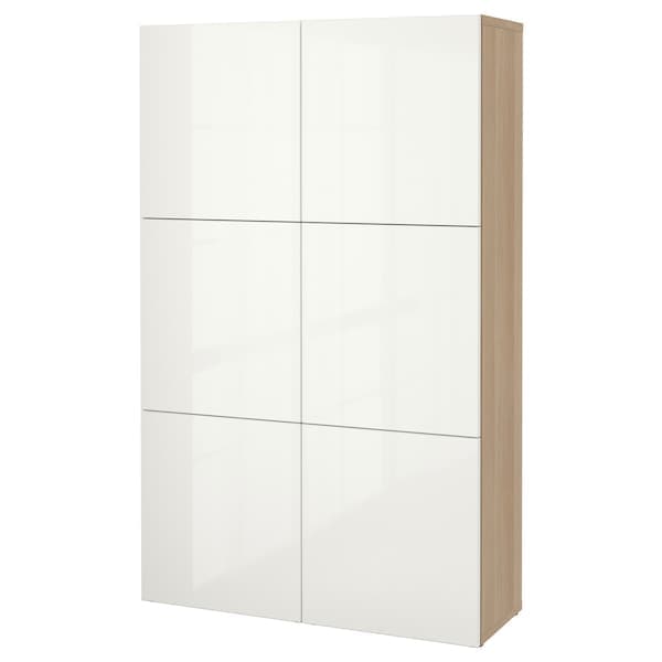 BESTÅ - Storage combination with doors, white stained oak effect/Selsviken high-gloss/white, 120x42x193 cm - best price from Maltashopper.com 69071622