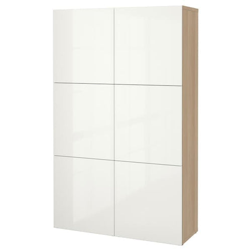BESTÅ - Storage combination with doors, white stained oak effect/Selsviken high-gloss/white, 120x42x193 cm