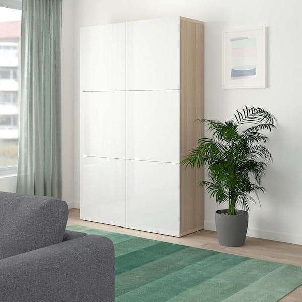 BESTÅ - Storage combination with doors, white stained oak effect/Selsviken high-gloss/white, 120x42x193 cm - best price from Maltashopper.com 69071622