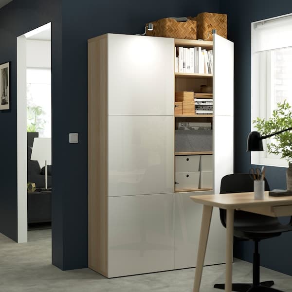 BESTÅ - Storage combination with doors, white stained oak effect/Selsviken high-gloss/white, 120x42x193 cm - best price from Maltashopper.com 69071622
