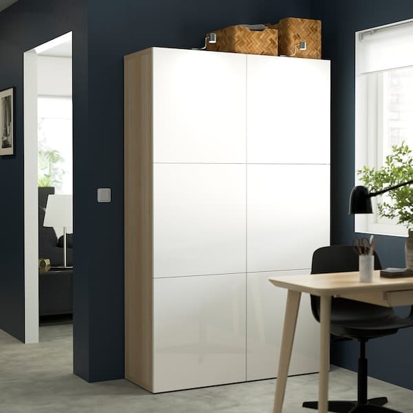 BESTÅ - Storage combination with doors, white stained oak effect/Selsviken high-gloss/white, 120x42x193 cm - best price from Maltashopper.com 69071622