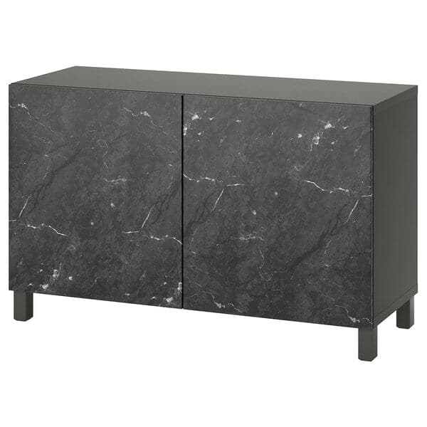 BESTÅ - Storage combination with doors, dark grey Bergsviken/Stubbarp/black marble effect, 120x42x74 cm