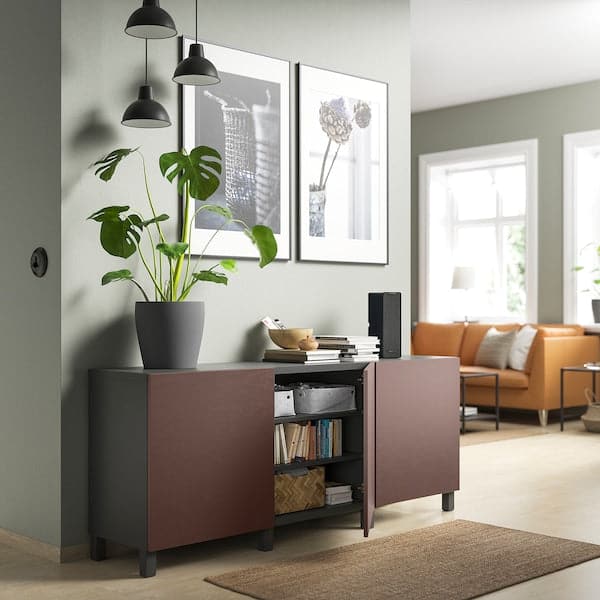 Ikea BESTÅ - Cabinet with doors, dark grey/Hjortviken/Stubbarp brown, ,