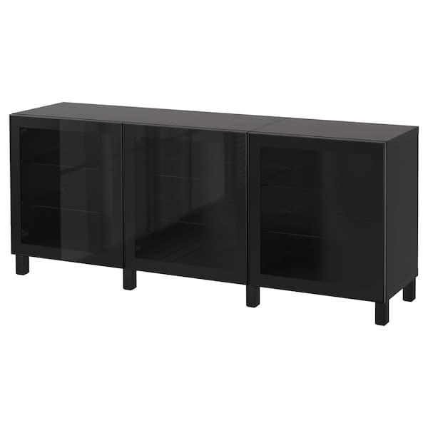 BESTÅ - Storage combination with doors, black-brown/Glassvik/Stubbarp black/clear glass, 180x42x74 cm - best price from Maltashopper.com 99139913