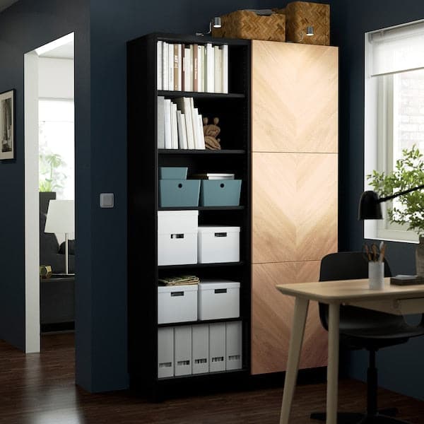 Ikea BESTÅ - Storage combination with doors, black-brown/Hedeviken oak veneer, 120x42x202 cm