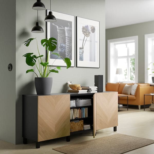 BESTÅ - Storage combination with doors, black-brown/Hedeviken/Stubbarp oak veneer, 180x42x74 cm - best price from Maltashopper.com 59421744