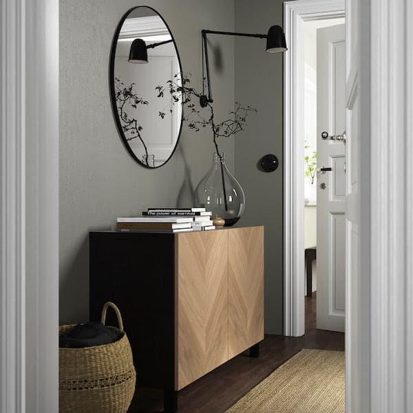 Ikea BESTÅ - Storage combination with doors, black-brown/Hedeviken/Stubbarp oak veneer, 120x42x74 cm