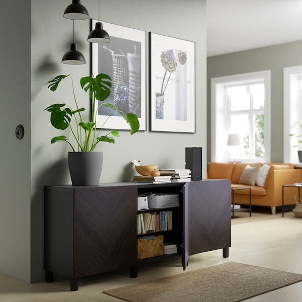Ikea BESTÅ - Storage combination with doors, black-brown Hedeviken/Stubbarp/dark brown stained oak veneer, 180x42x74 cm
