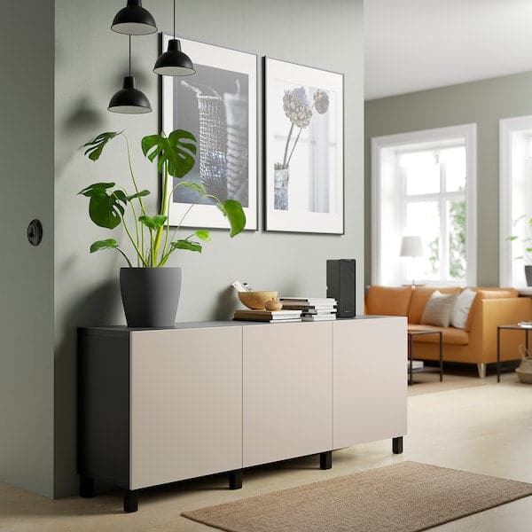 BESTÅ - Storage combination with doors, black-brown/Lappviken/Stubbarp light grey-beige, 180x42x74 cm - best price from Maltashopper.com 39421735