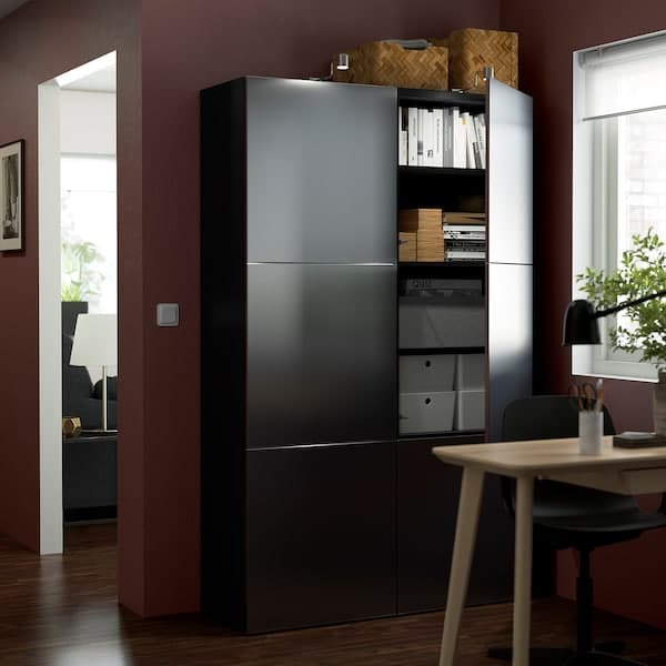 BESTÅ - Storage combination with doors, black-brown/Riksviken brushed dark pewter effect