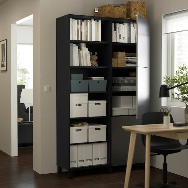 BESTÅ - Storage combination with doors, black-brown/Riksviken brushed dark pewter effect, 120x42x202 cm - best price from Maltashopper.com 19421703