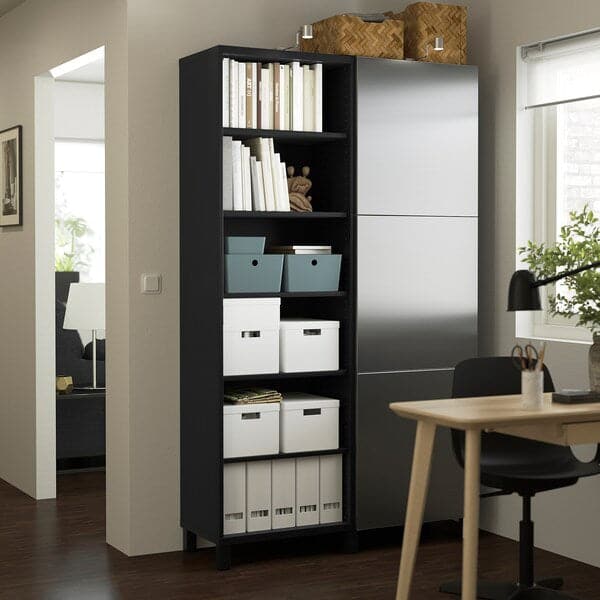 BESTÅ - Storage combination with doors, black-brown/Riksviken brushed dark pewter effect, 120x42x202 cm - best price from Maltashopper.com 19421703