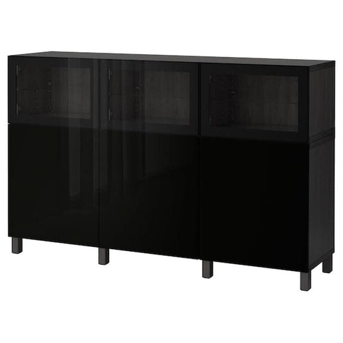 BESTÅ - BESTÅ Storage combination with doors, black-brown Selsviken/Glassvik high-gloss/black clear glass, 180x42x112 cm