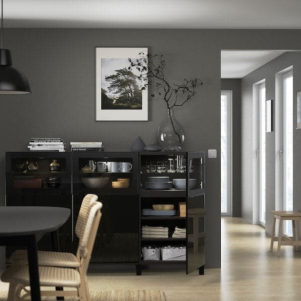 BESTÅ - Storage combination with doors, black-brown Selsviken/Glassvik high-gloss/black clear glass, 180x42x112 cm - best price from Maltashopper.com 79208182