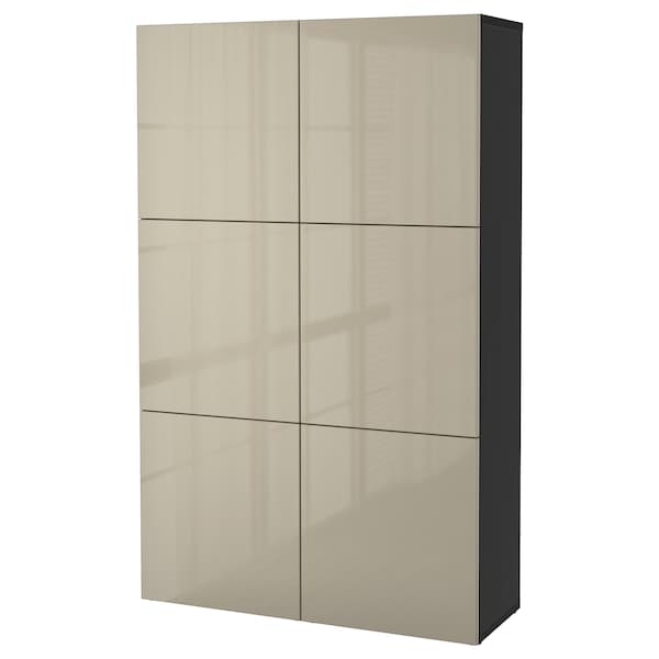 BESTÅ Mobile with doors - brown-black/Selsviken glossy/beige 120x40x192 cm , 120x42x193 cm