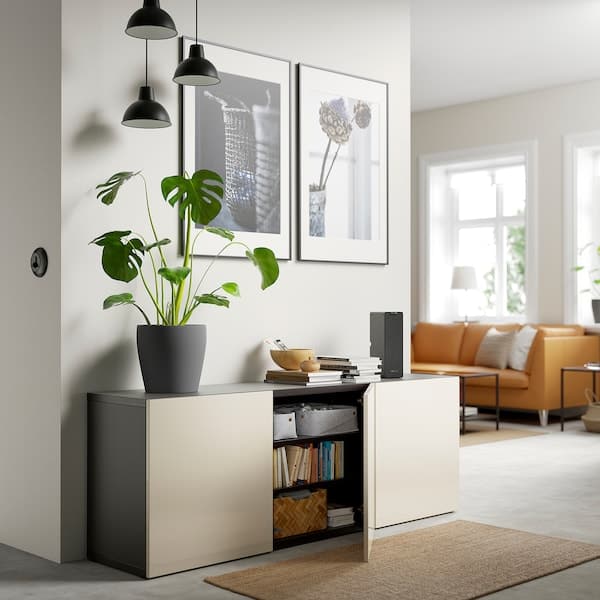 BESTÅ Mobile with doors - brown-black/Selsviken glossy/beige 180x42x65 cm - best price from Maltashopper.com 79324983
