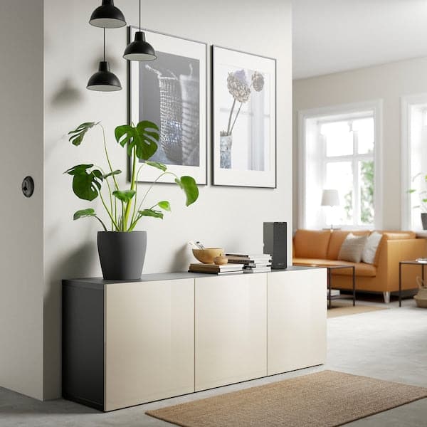 BESTÅ Mobile with doors - brown-black/Selsviken glossy/beige 180x42x65 cm - best price from Maltashopper.com 79324983