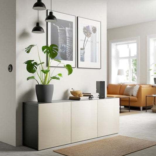 BESTÅ Mobile with doors - brown-black/Selsviken glossy/beige 180x42x65 cm - best price from Maltashopper.com 79324983