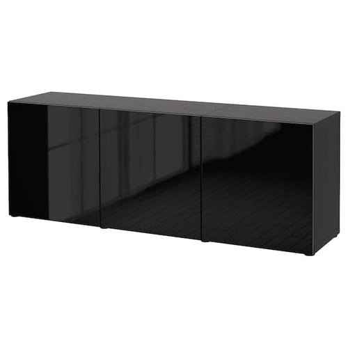 BESTÅ - Storage combination with doors, black-brown/Selsviken high-gloss/black, 180x42x65 cm
