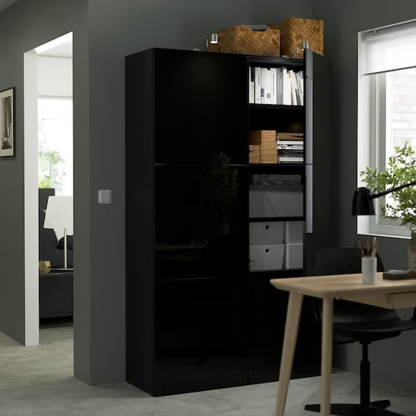 BESTÅ - Storage combination with doors, black-brown/Selsviken high-gloss/black, 120x42x193 cm - best price from Maltashopper.com 69071523