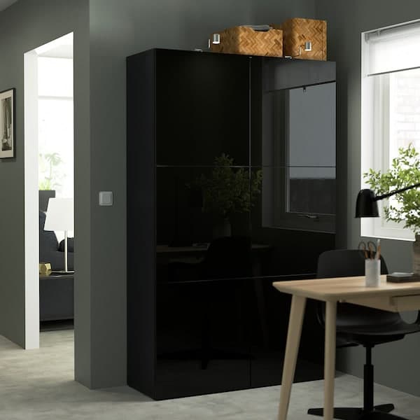 BESTÅ - Storage combination with doors, black-brown/Selsviken high-gloss/black, 120x42x193 cm - best price from Maltashopper.com 69071523