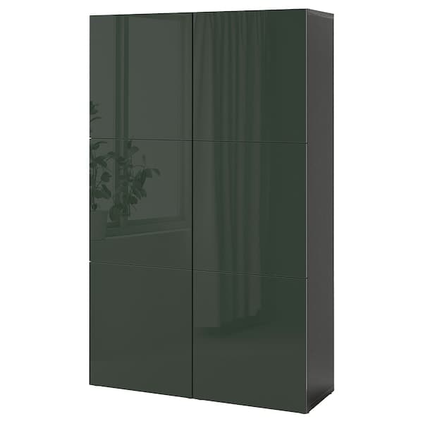 BESTÅ - Storage combination with doors, black-brown Selsviken/high-gloss dark olive-green, 120x42x193 cm