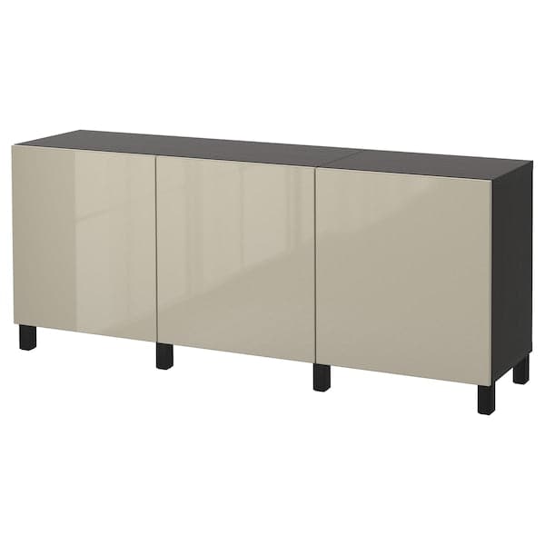 BESTÅ Mobile with doors - brown-black/Selsviken glossy/beige 180x40x74 cm , 180x42x74 cm